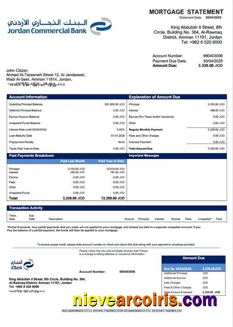 Jordan Commercial Bank mortgage statement Word and PDF template